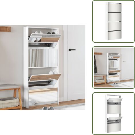 Armario de zapatos 4 niveles - vidaXL Mueble zapatero con espejo 4 niveles blanco brillo 63x17x134 cm - Armario de zapatos blanco brillante
