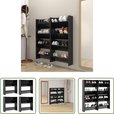Armario de zapatos -  Zapateros de pared 4 uds contrachapada negro brillo 60x18x60 cm