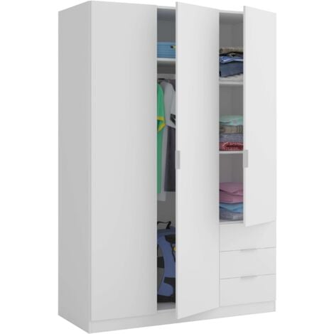 Armario Dormitorio en Color Blanco con 3 Puertas 3 Cajones Estantes y Barra para Colgar 121x52x180 cm