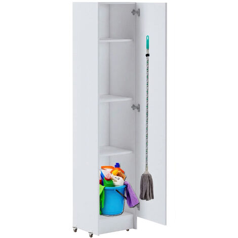 Armario Dormitorio Multiusos conuna Puerta y Ruedas en Color Blanco y Gancho escobero