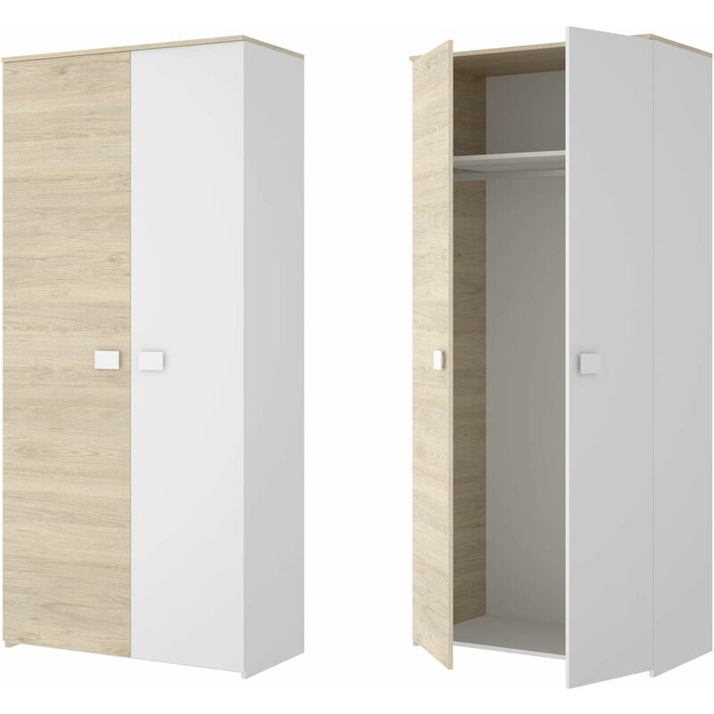 

Armario Dos Puertas, Color natural Blanco, Medidas: 205 cm alto x 95 cm ancho x 53 cm. fondo.