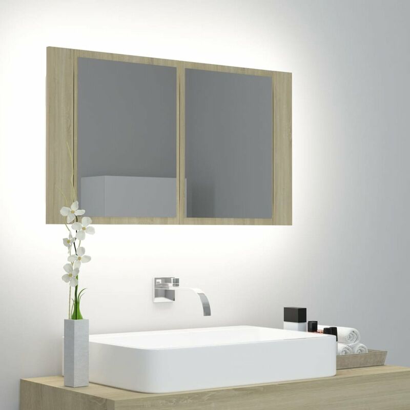 

Armario espejo bano con luz LED roble Sonoma 80x12x45 cm