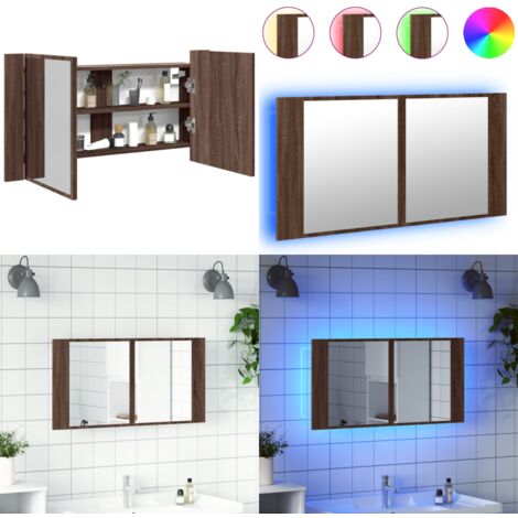 Armario espejo de baño LED acrílico marrón roble 90x12x45 cm - Espejo LED - Armario con espejo