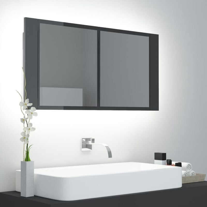 

Armario espejo de baño luz LED gris brillante 90x12x45 cm