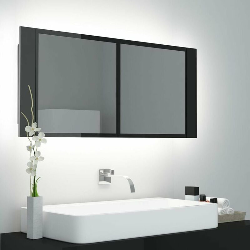 

Armario espejo de bano luz LED negro brillante 100x12x45 cm