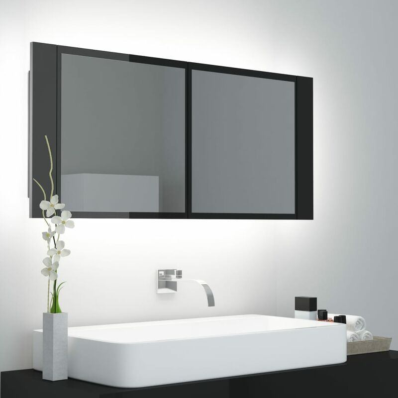 

BHD - Armario espejo de baño luz LED negro brillante 100x12x45 cm