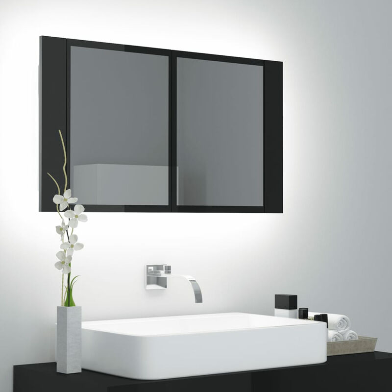 

Armario espejo de bano luz LED negro brillante 80x12x45 cm