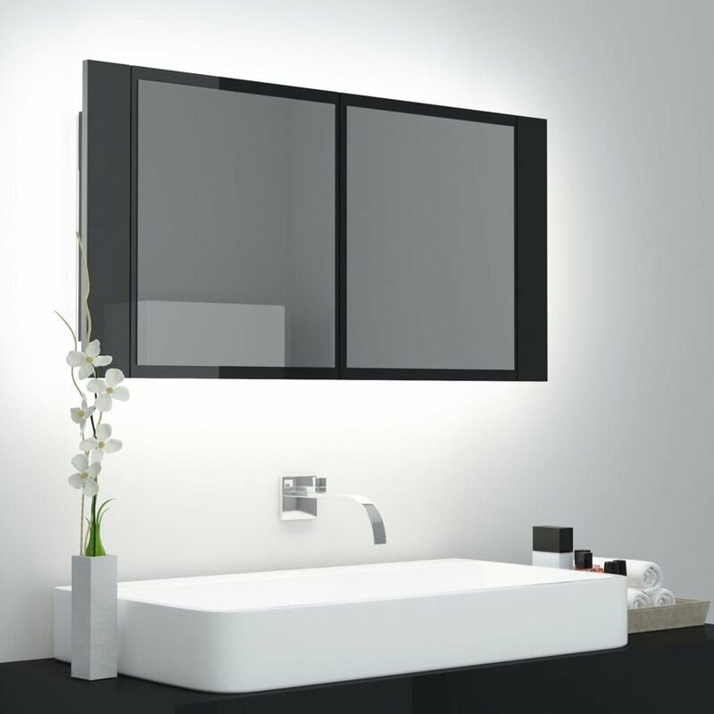 

Armario espejo de bano luz LED negro brillante 90x12x45 cm
