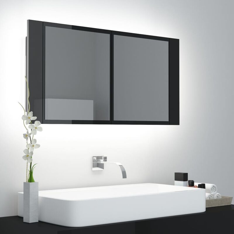 

Armario espejo de baño luz LED negro brillante 90x12x45 cm