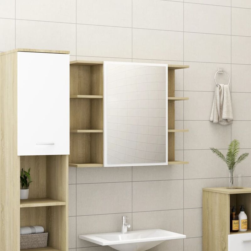 

Youthup - Armario espejo de baño aglomerado blanco y Sonoma 80x20,5x64 cm - Beige