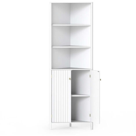 Armario esquinero alto 32 x 58 x 1725 cm diseño compacto 5 estantes y 2 puertas acanaladas en MDF blanco 200016070
