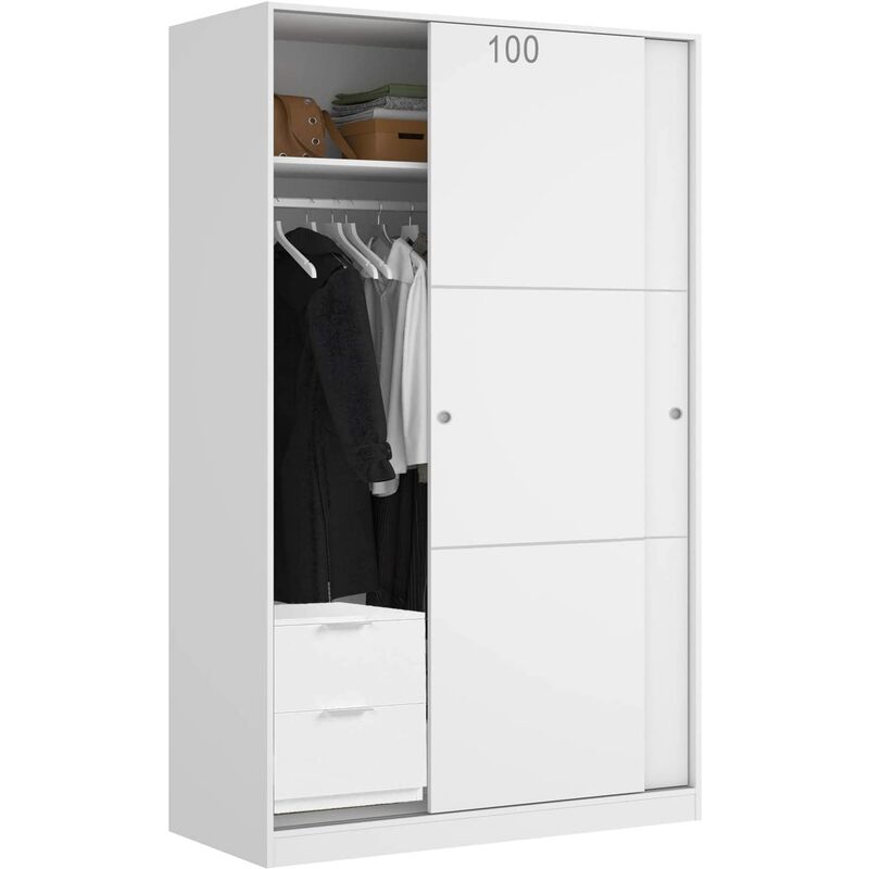 

Armario Infantil 100 con CAJONERA Blanco Brillo, Puertas correderas con guías y Tiradores metálicos.