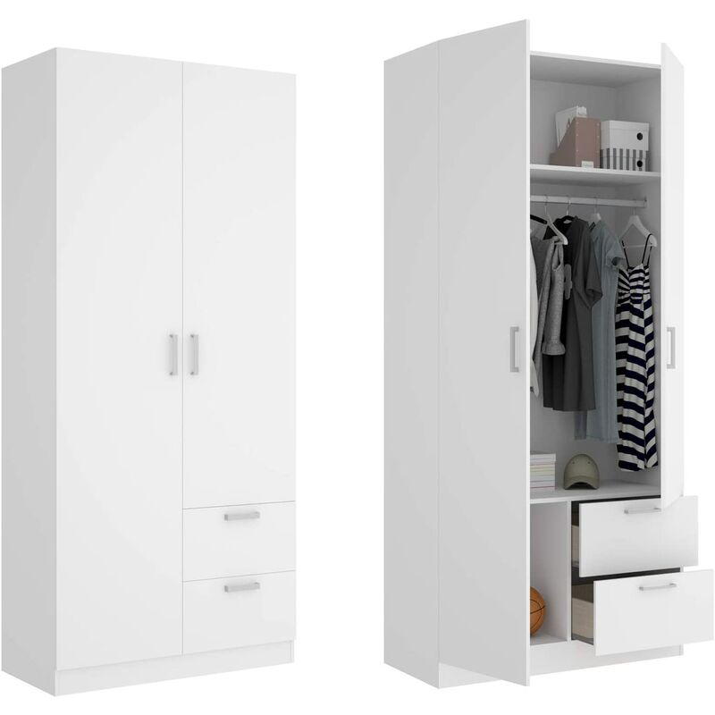 

Armario Infantil 2 Puertas y cajones, Armario Dormitorio, Acabado en Blanco, Medidas: 100 cm (Largo) x 215 cm (Alto) x 52 cm (Fondo)