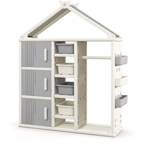 Armario infantil de 130 x 34 x 156 cm con 3 cubos cerrados y barra de colgar resistente estilo adorable en HDPE gris 200010254