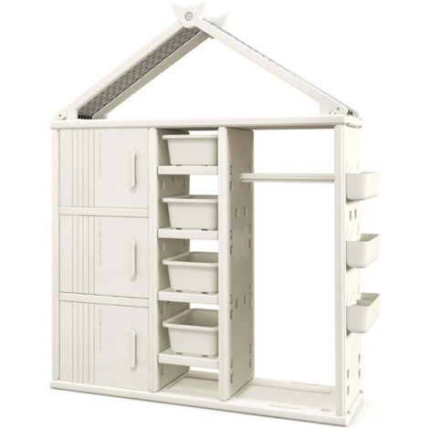 Armario infantil de 130 x 34 x 156 cm con barra de colgar resistente y 4 estantes abiertos estilo casa HDPE blanco 200010253