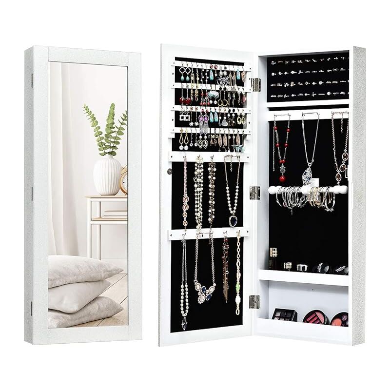 

Armario Joyas Espejo de Cuerpo de Pared 88 x 35 x 9 cm Joyero Organizador Colgante Color Blanco Plateado