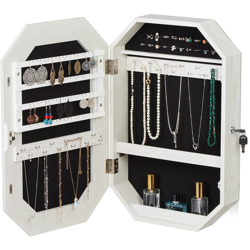 

Armario Joyero con Espejo, Colgante, De Pared, Con Llave, Organizador Joyas, 1 Ud., 57,5x37,5x10cm, Blanco