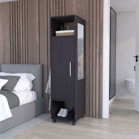 TUHOME CONCEPT Armario Kronospan en melamina con una puerta , dos estante , barra para colgar ropa y espejo incluido , Negro 160 X 40 X 48 cm