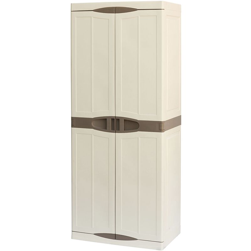 

Armario porta escobas en polipropileno, color marfil y taupe, L 700 x P 470 x H 1780 mm con 1 balda grande y 3 pequeñas