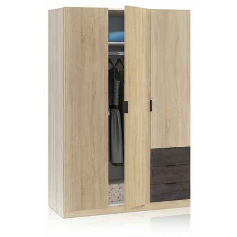 Armario Low Cost 3 puertas 3 cajones Roble Canadian - Óxido 121cm(armario)/35cm(cajón) (ancho) x 180cm(armario)/13cm(cajón) (alto)