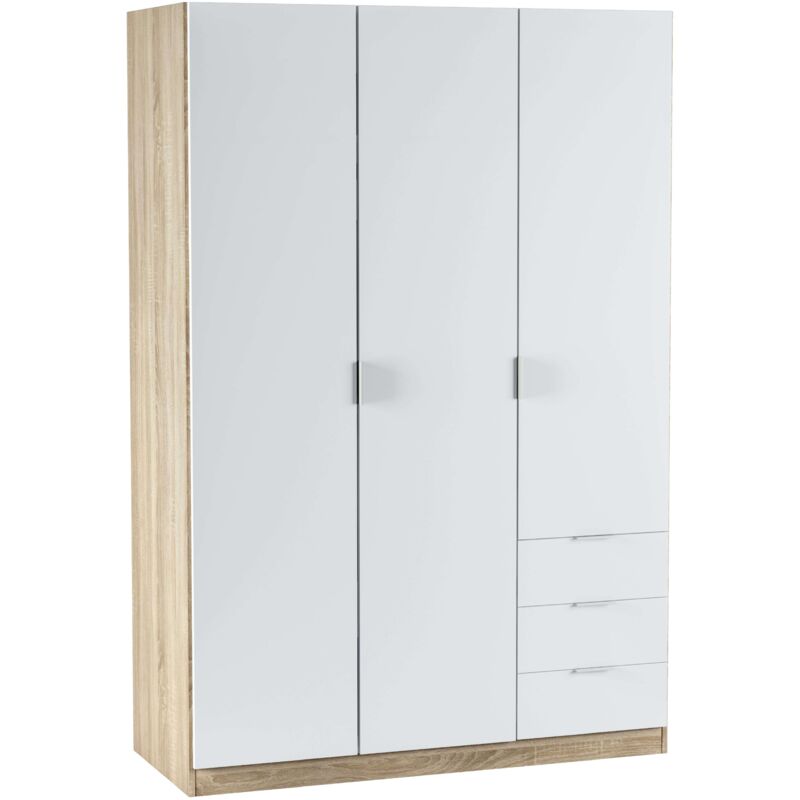 

Armario ropero dormitorio 3 puertas 3 cajones color blanco y roble 121x180x52 cm