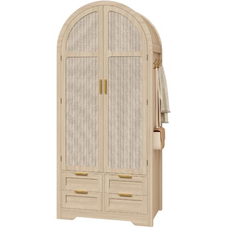 Armario moderno con puertas curvas, amplio espacio de almacenamiento, barra para ropa y cajones, diseño lujoso, para dormitorio y zona de entrada.