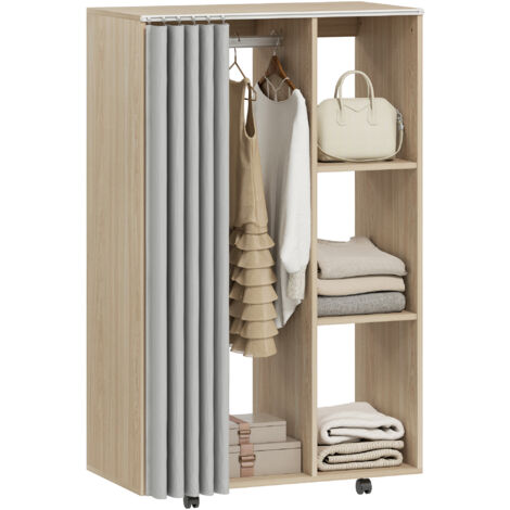 Armario móvil con 4 ruedas, barra para colgar ropa y 8 estantes, 80 x 40 x 128 cm, efecto madera natural.