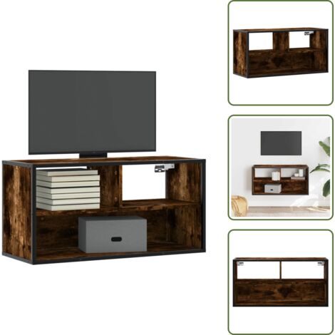 Armario multimedia - vidaXL Mueble TV metal y madera contrachapada roble humo 80x31x39,5 cm - Mueble para pared
