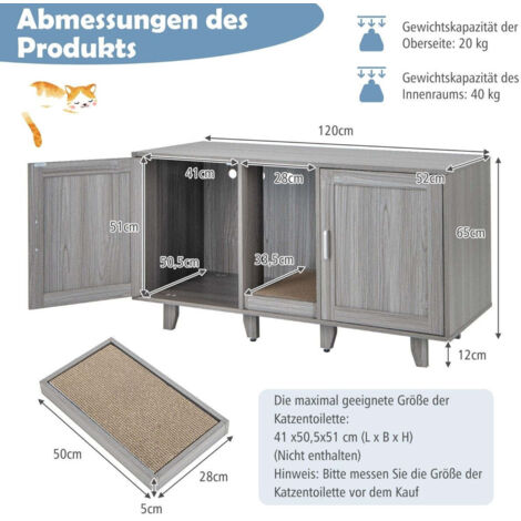 Armario para arena para gatos con rascador y puertas dobles, gris