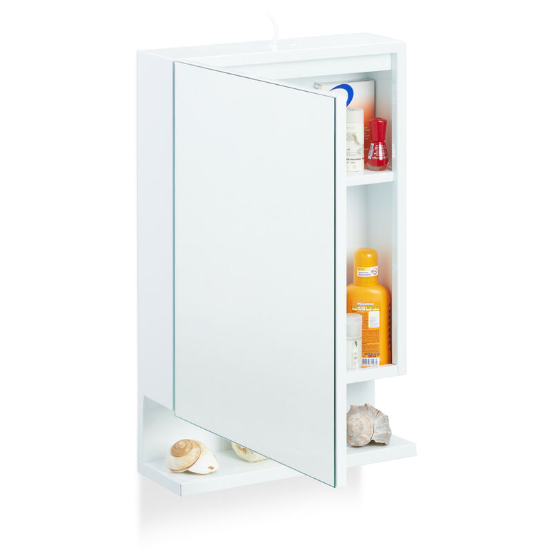 Armario para baño con espejo, Una puerta, Con enchufe, Mueble para pared, Blanco, 55 x 35 x 12 cm - Relaxdays