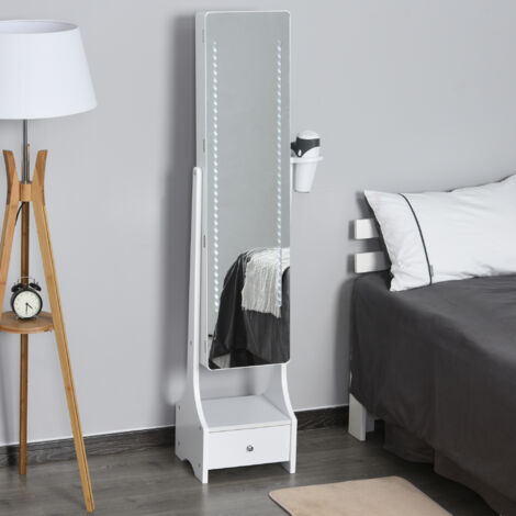Armario para Joyas con Espejo de Cuerpo Entero Ángulo Ajustable con Cajón y Colgador para Secador 37x30x158 cm Blanco