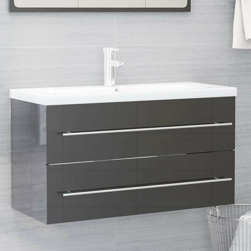 

Armario para lavabo aglomerado gris brillante 90x38,5x48 cm