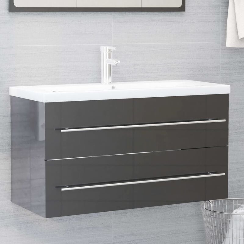 

Armario para lavabo aglomerado gris brillante 90x38,5x48 cm