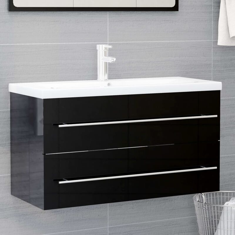 

Armario para lavabo aglomerado negro brillante 90x38,5x48 cm