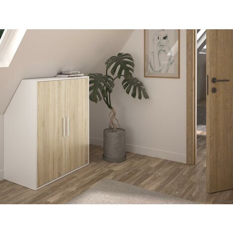 Armario para techo abuhardillado 2 puertas - blanco y natural - ADEZIO - Venta-unica - Color natural claro, Blanco
