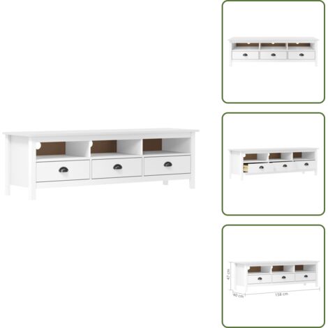 Armario para TV - vidaXL Mueble de TV Hill madera maciza de pino blanco 158x40x47 cm - Mueble retro