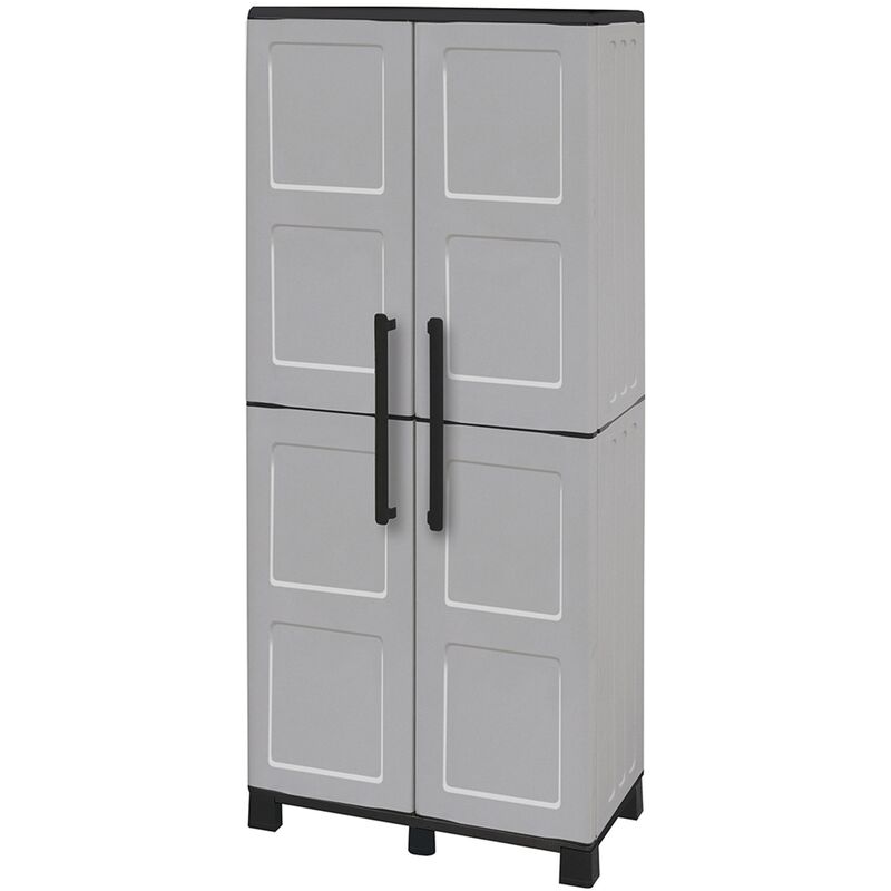 

Armario porta escobas en polipropileno, material reciclable y eco-sostenible, está equipado con bisagras de acero, baldas y patas regulables,