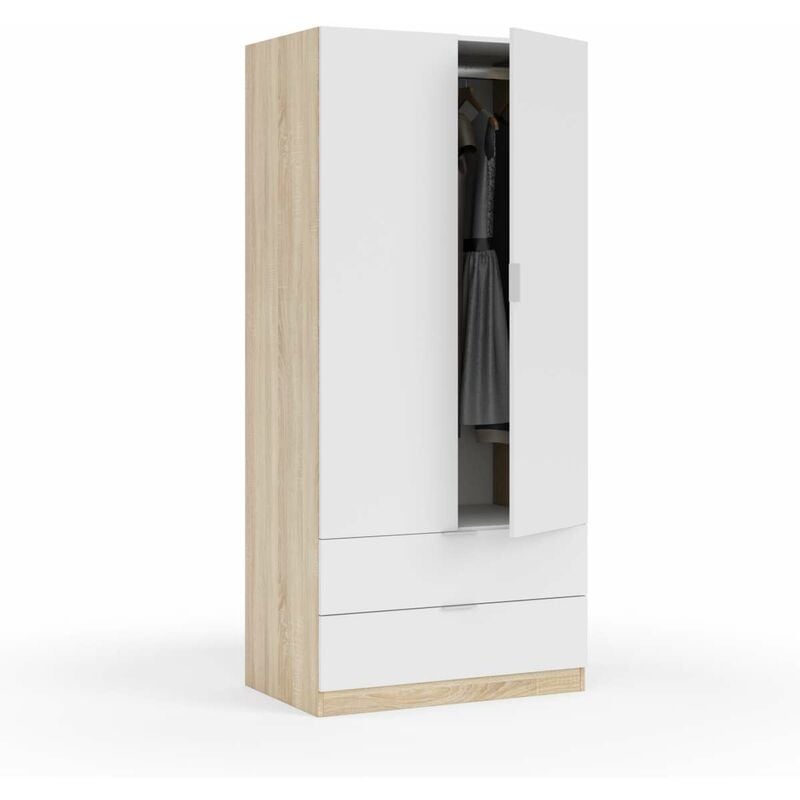 

Armario ropero 2 puertas 2 cajones varios colores a elegir 180 cm(alto)81 cm(ancho)52 cm(largo) Color ROBLE CANADIAN-BLANCO ARTIK
