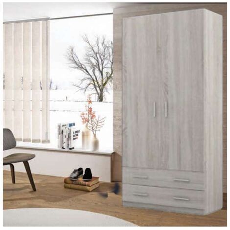 Armario ropero 2 puertas abatibles 2 cajones Lorena acabado Artico, 196cm(alto) 100cm(ancho) 50cm(largo)