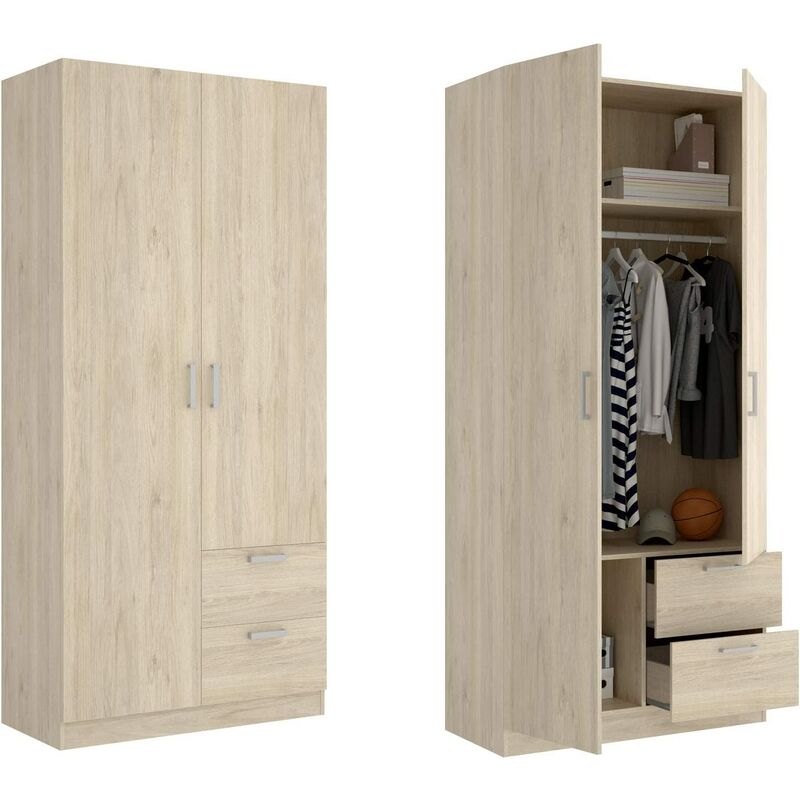 

Armario ropero 2 Puertas y cajones, Armario Dormitorio, Acabado Roble Natural, Medidas: 100 cm (Largo) x 215 cm (Alto) x 52 cm (Fondo)