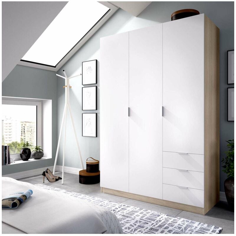 

Armario ropero 3 puertas abatibles 3 cajones varios colores a elegir 184 cm(alto)121 cm(ancho)52 cm(largo Color NATURAL-BLANCO