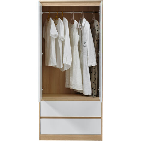Armario Ropero Bastheim (2 puertas, 1 barra, 2 cajones) MDF 176 x 80 x 52 cm - Efecto roble y blanco [en.casa]