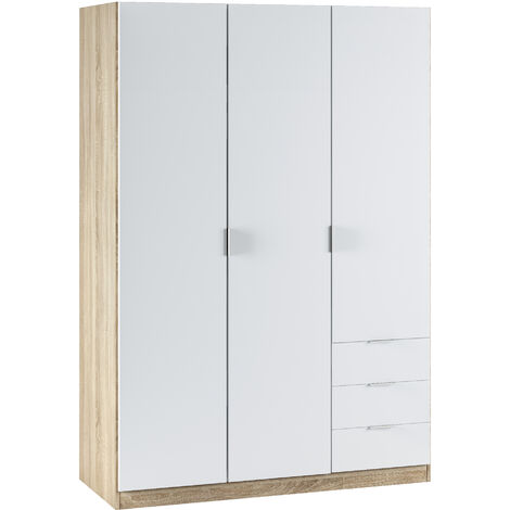 Armario ropero Nico 3 Puertas y 3 Cajones Color Roble/Blanco, 121 x 52 x 180 cm