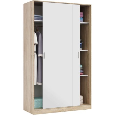 Armario ropero para dormitorio 2 puertas correderas color blanco mate y roble 200x120x50 cm