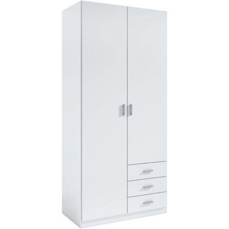 Armario Ropero Roma con 3 cajones 2 Puertas Blanco, Armario Vestidor Habitación Matrimonio o Juvenil 216x100x53 cm