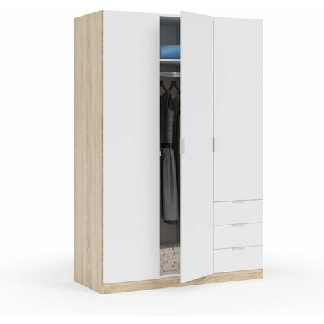 FRS Armario ropero Vanesa 3 puertas abatibles acabado blanco artik y roble canadian. 180 cm (alto), 121 cm (ancho), 52 cm (fondo).