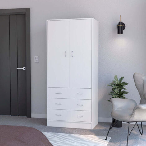 Armario Taly en melamina con 2 puertas ,1 estante, 1 barra para colgar ropa y 3 cajones con rieles metalicos, blanco , 180.1 cm  X 78.7 cm  X 48.4 cm