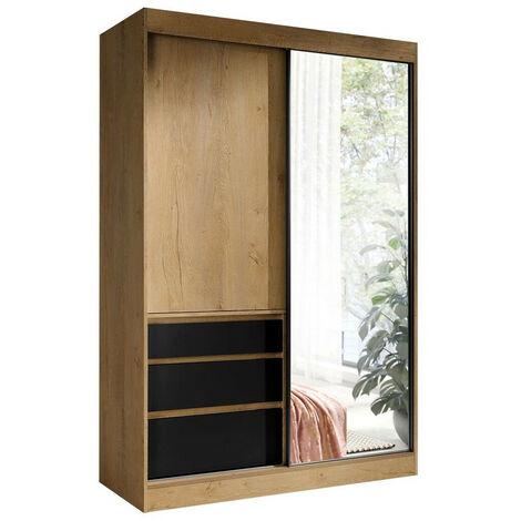 Armario Toledo 115, Roble de lefkada + Negro mate, 216x140x65cm, Puertas de armario: Correderas, Número de estantes: 1