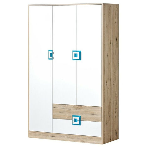 Armario Tolfere 103, Roble claro + Blanco + Turquesa, 190x120x50cm, Puertas de armario: Con bisagras, Número de estantes: 4