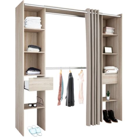 Armario Vestidor con 2 Cajones, Armario Abierto Dana, Vestidor con Barras y Baldas Roble Shannon 203x115-190x50 cm